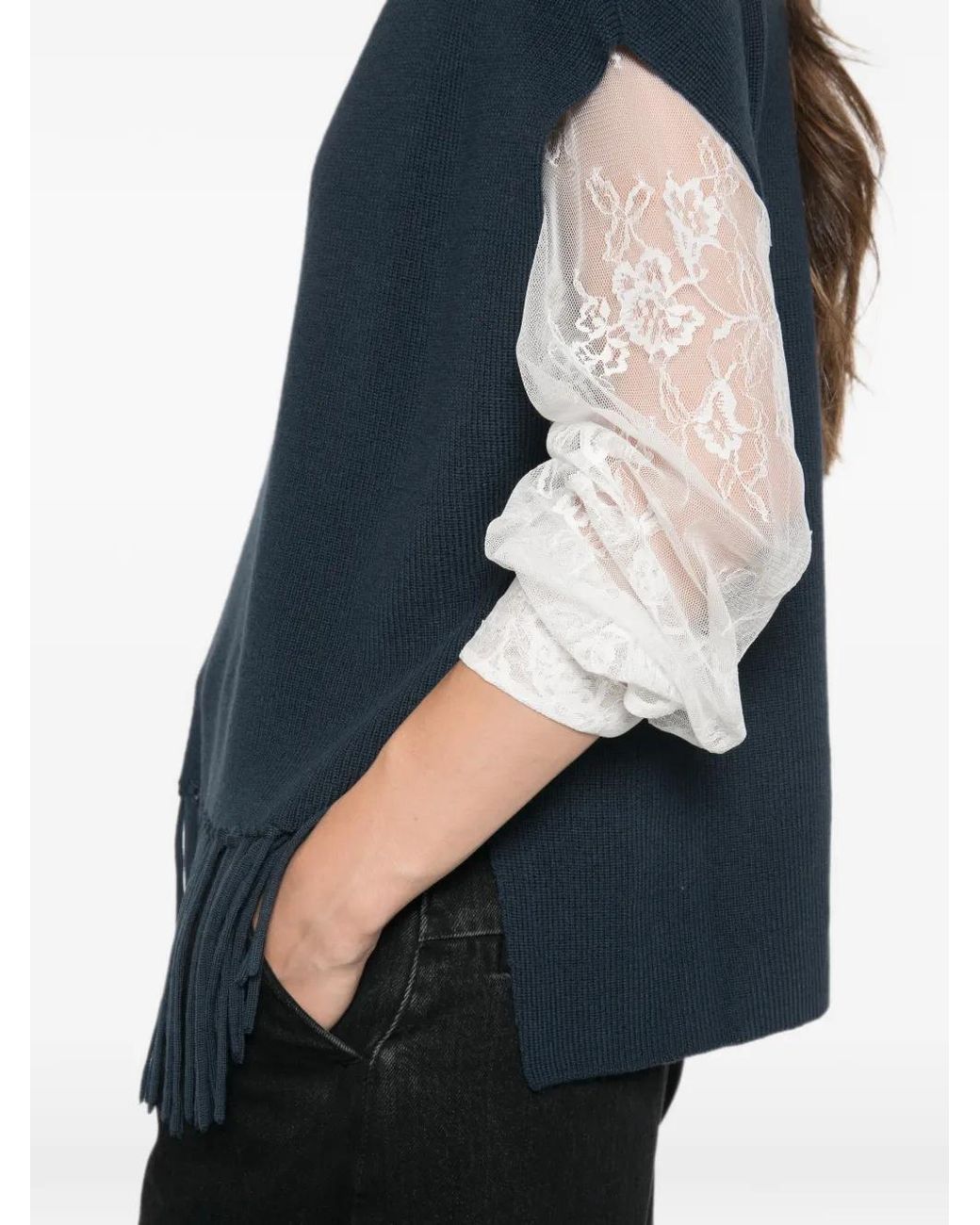 Patrizia Pepe Blue Fringed Wool Poncho