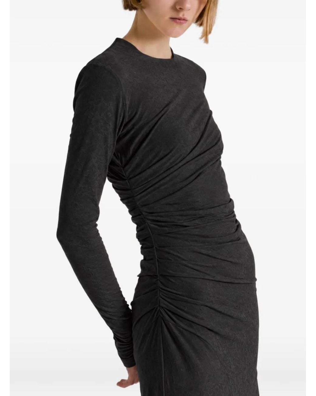 Alberta Ferretti Black Lace-Trim Ruched Midi Dress