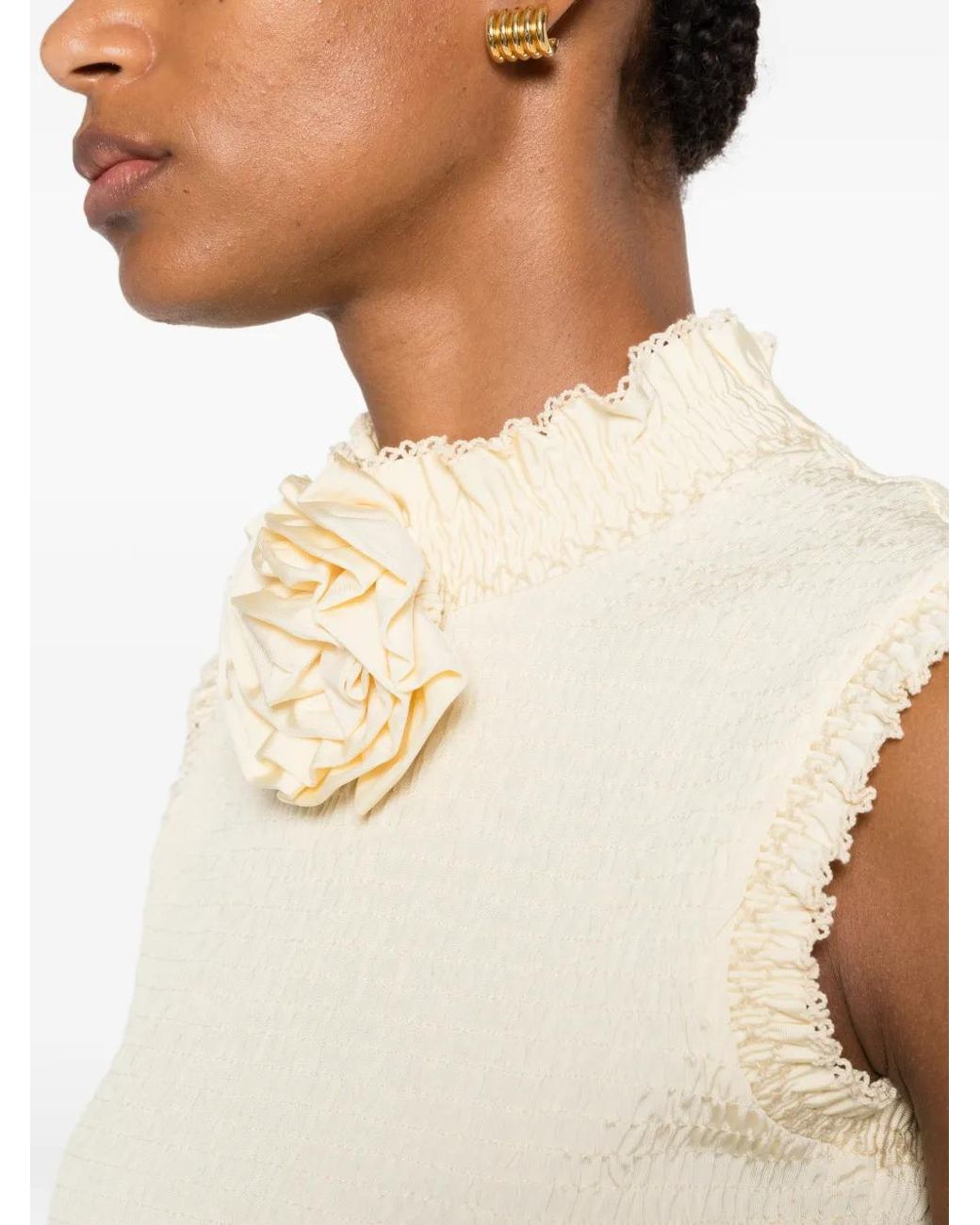 Sandro White Smocked T-Shirt With Flower Detail