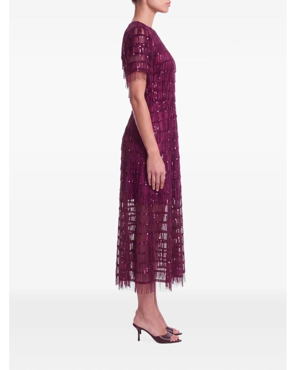 POST MERIDIEM Purple Sequin-Embellished Fringed Midi Dress