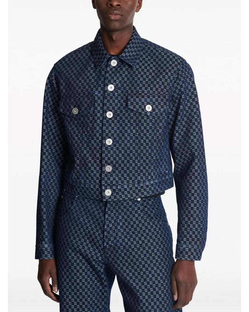 Balmain Blue Monogram-Jacquard Denim Jacket for men