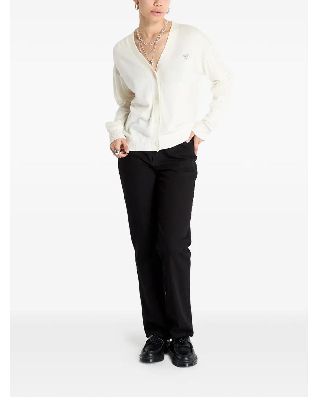 Guess White V-Neck Button-Up Cardigan