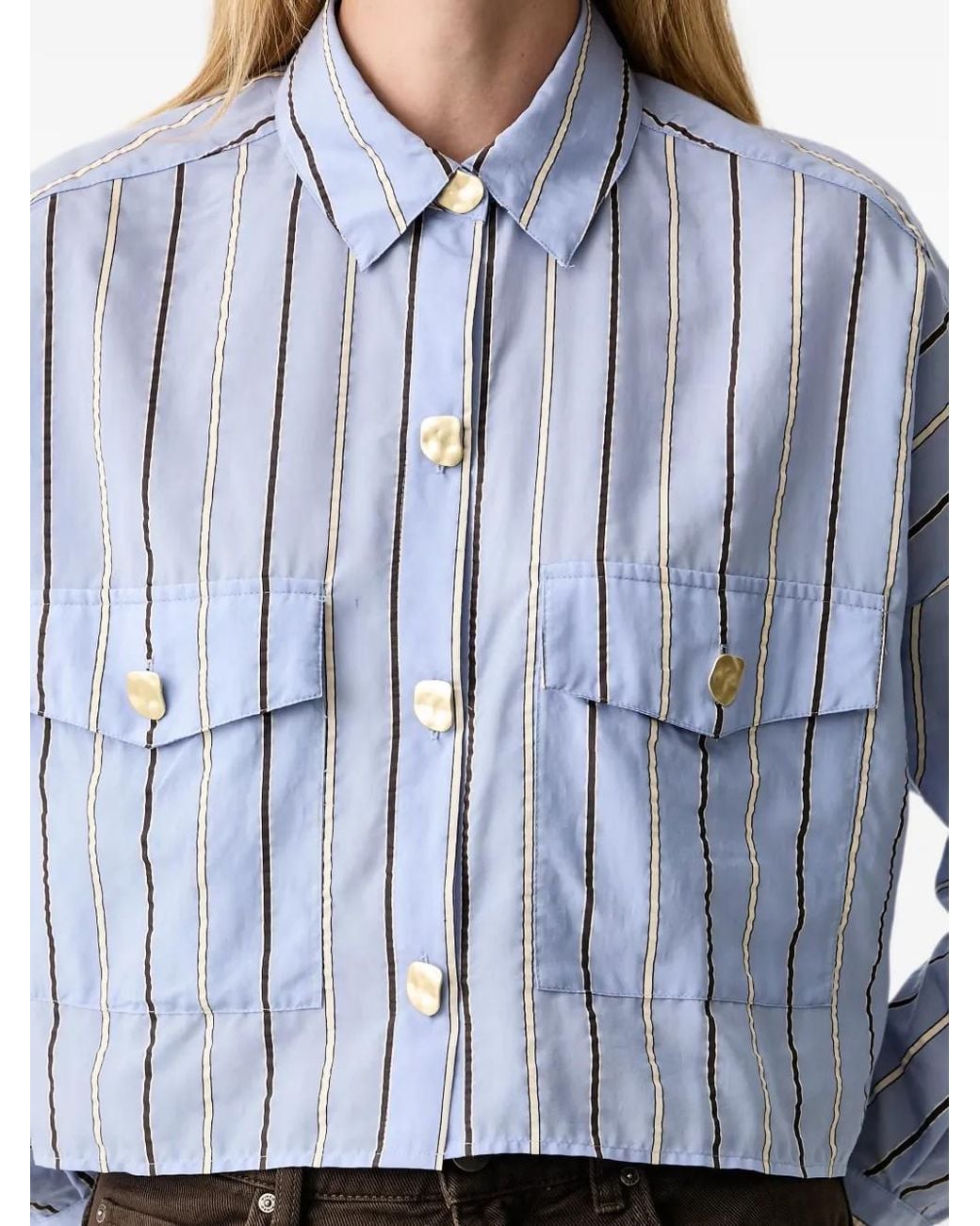 Sessun Blue Balanca Vertical-Stripe Cropped Shirt