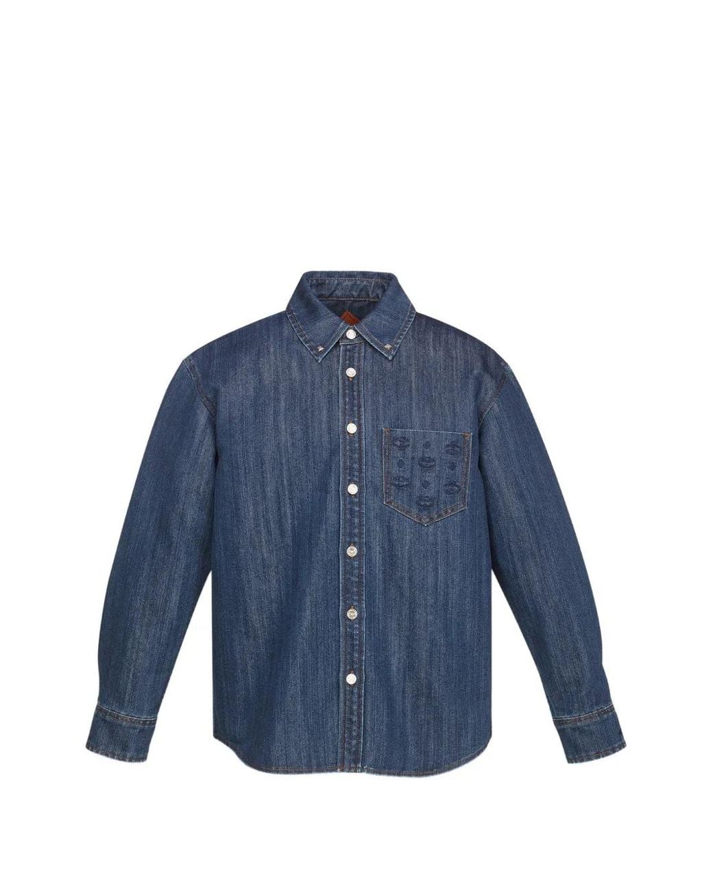 MCM Blue Monogram-Embroidered Denim Shirt