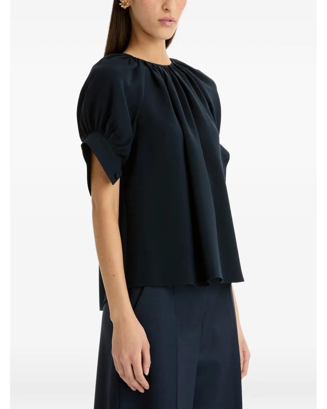 Oscar de la Renta Blue Gathered Silk Georgette Blouse
