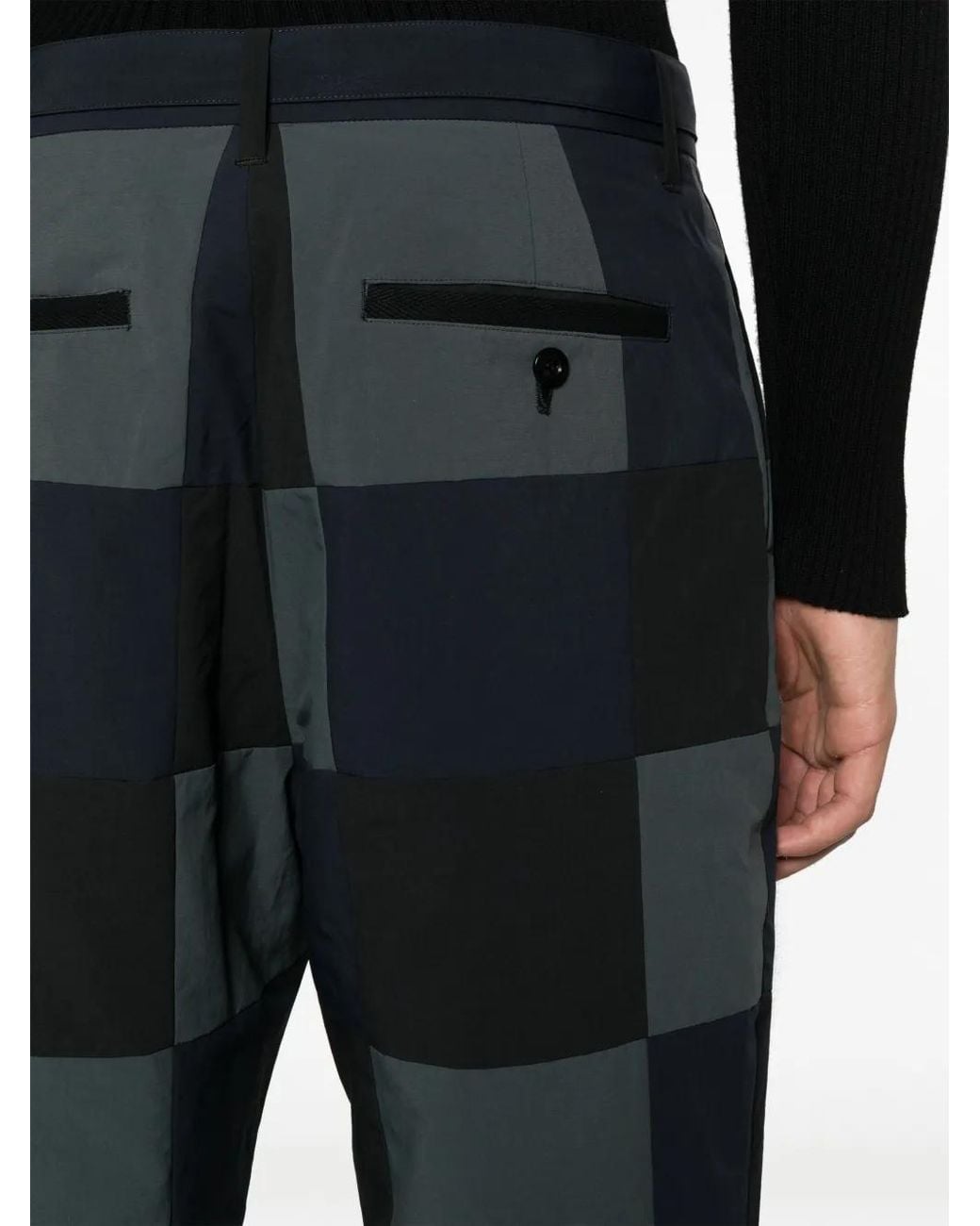 Sacai Blue Checkerboard-Print Cotton Chino Trousers for men