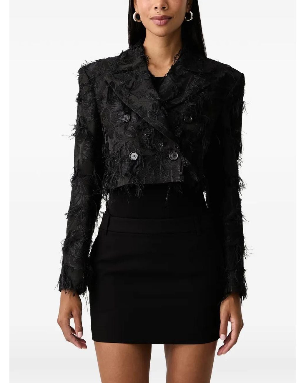 Patrizia Pepe Black Feather-Embellished Jacquard Jacket