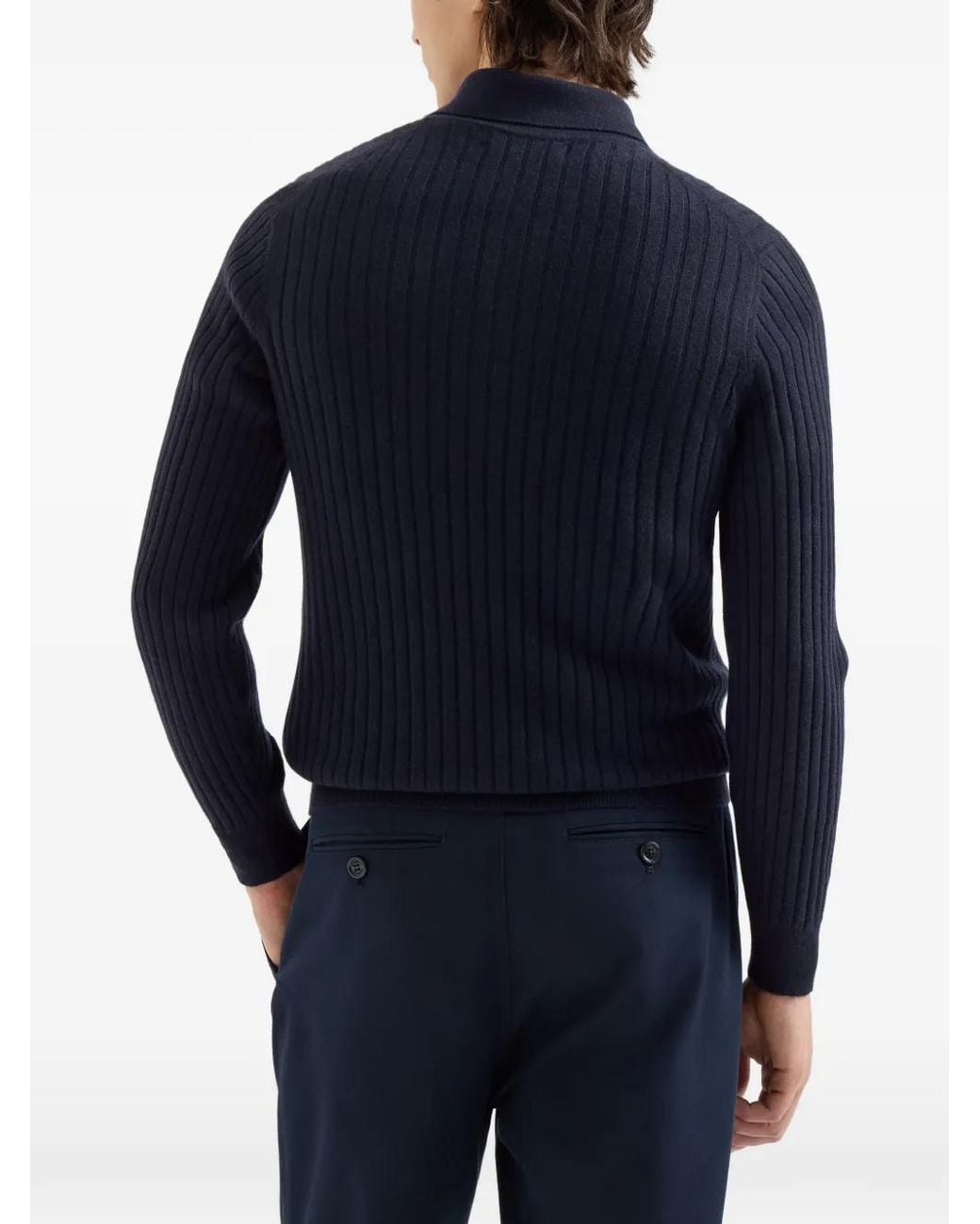 Brunello Cucinelli Blue Cashmere Rib-Knit Polo for men