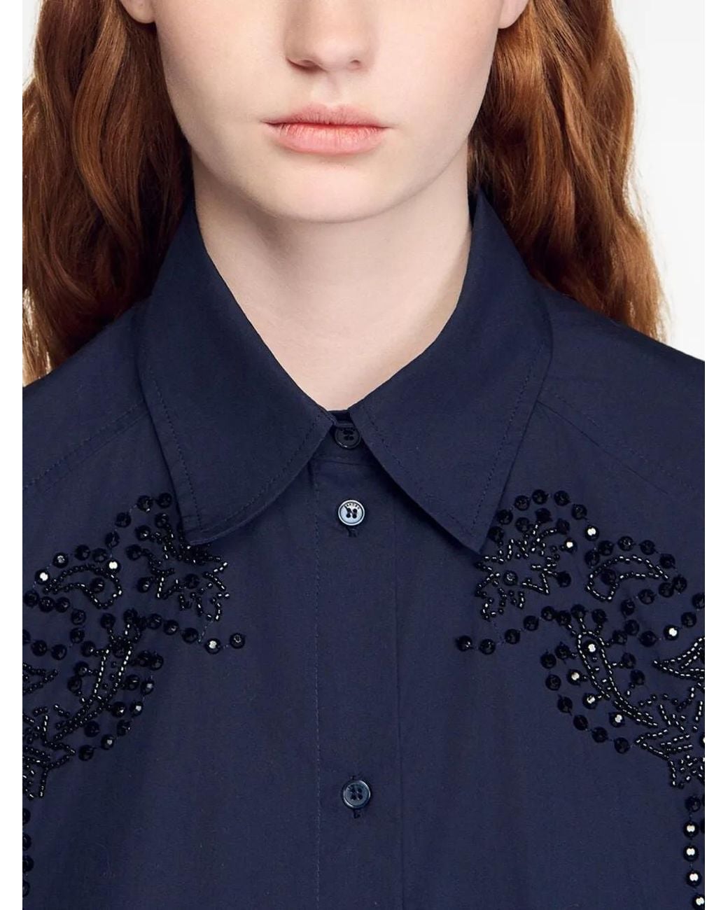 Sandro Blue Floral Embroidered Cotton Shirt
