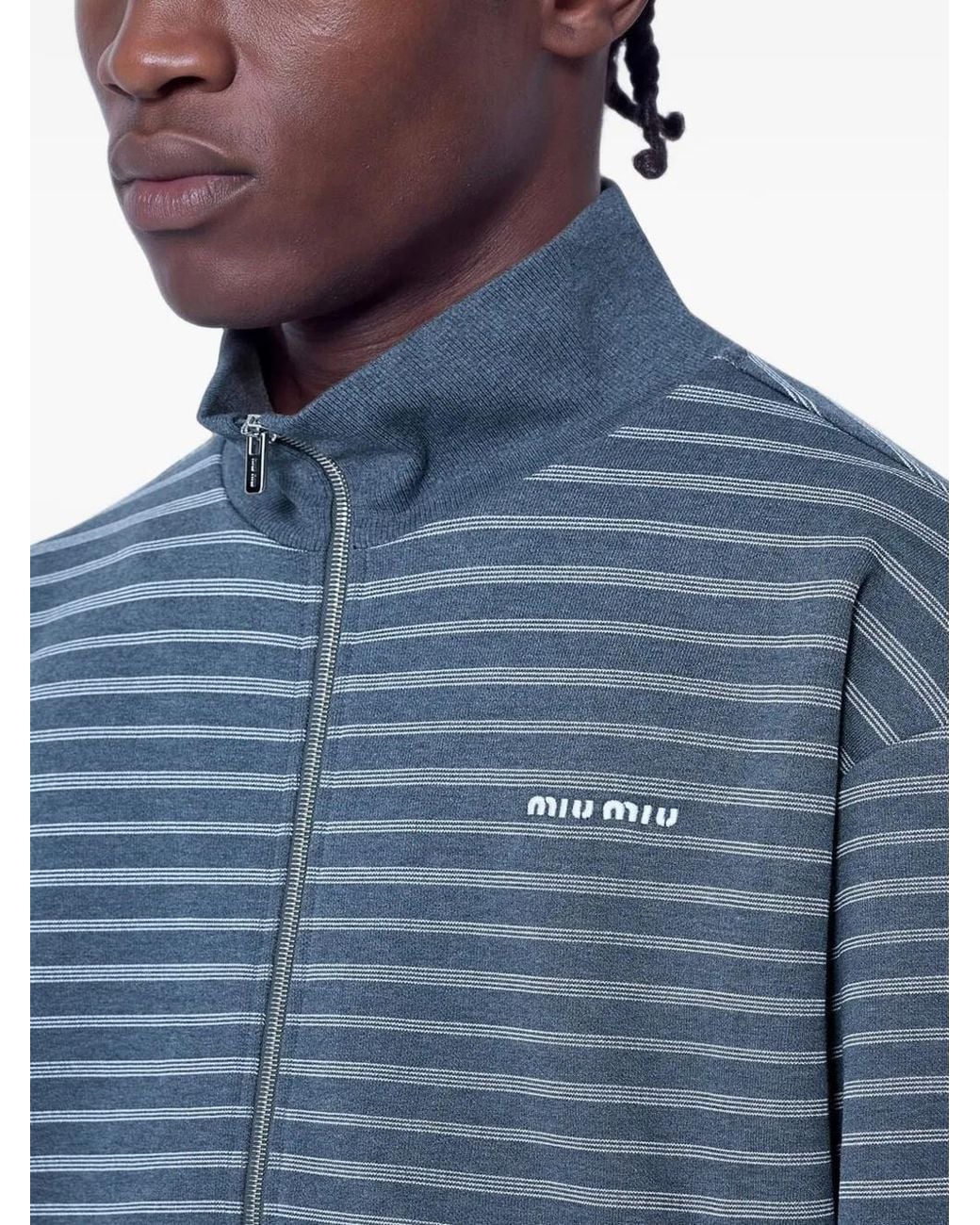 Miu Miu Blue Striped Cotton Fleece Jacket