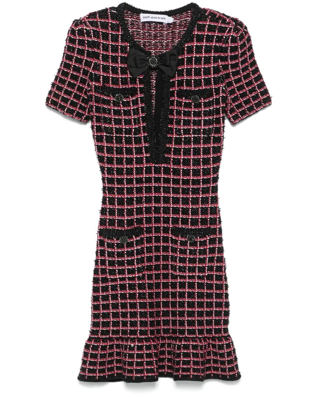 knee length dresses for ladies Self-Portrait Check Knit Mini Dress Black and Red