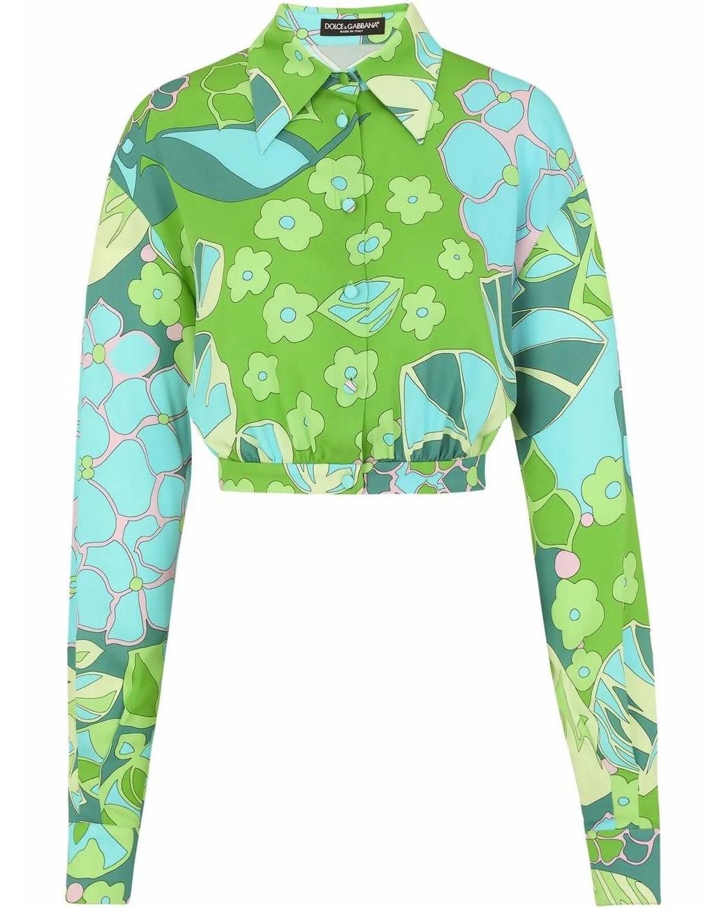 Dolce & Gabbana Green Floral-Print Cropped Silk Shirt
