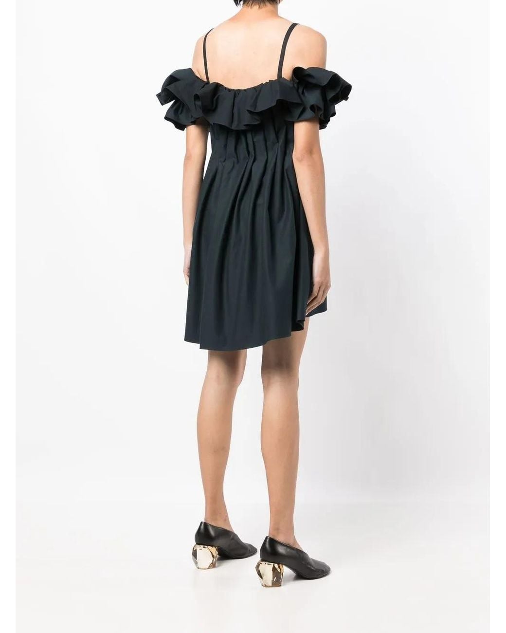 Goen.J Black Cold-Shoulder Ruffled Dress