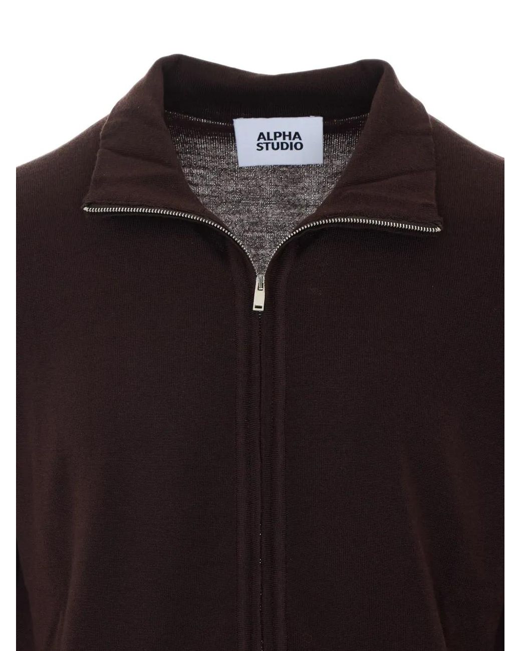 Alpha Studio Brown Zip-Up High-Neck Cardigan for men