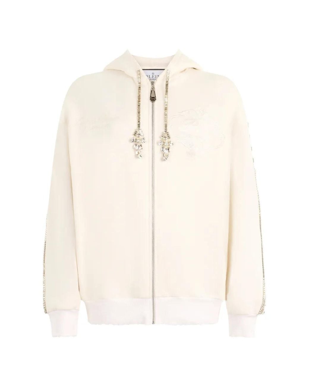 Philipp Plein White Washed Zip Hoodie Tennis Club Crystals