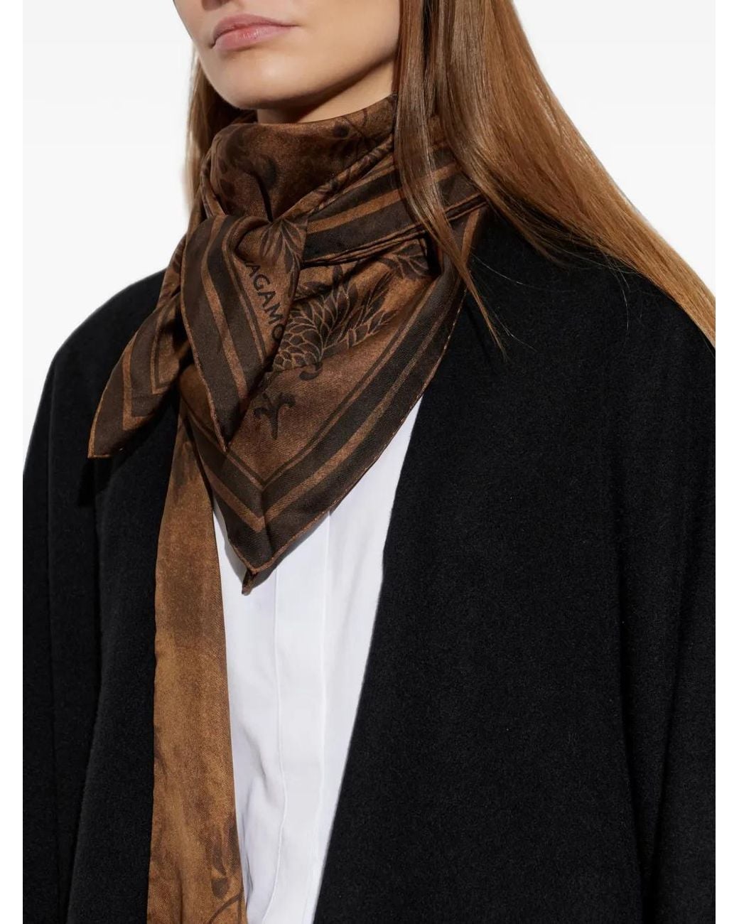 Ferragamo Brown Floral-Print Silk Scarf