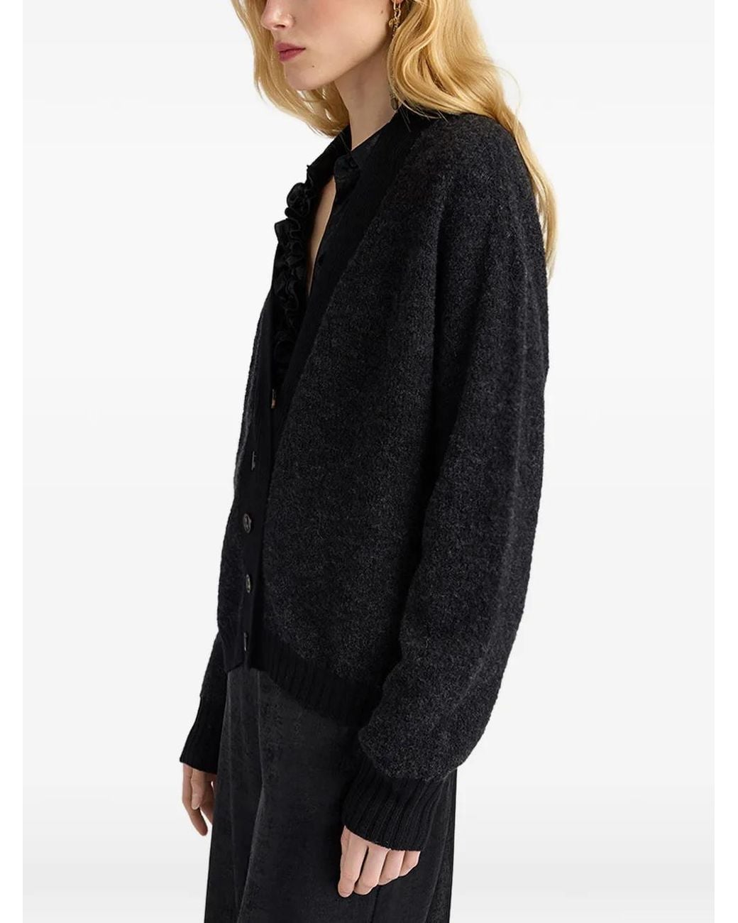 Momoní Black Pra Bouclé-Knit Ribbed-Trim Cardigan