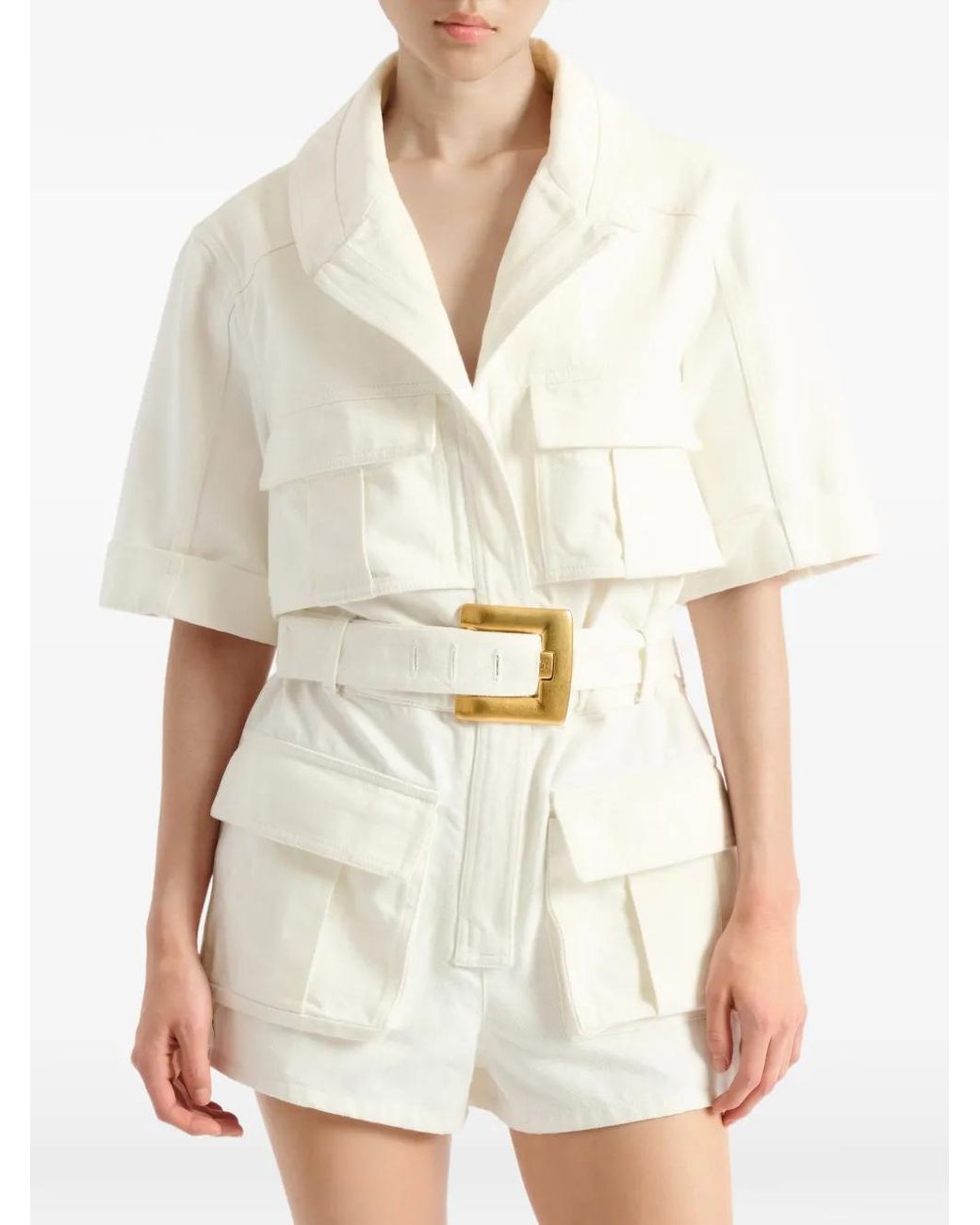 Balmain White Belted Denim Playsuit
