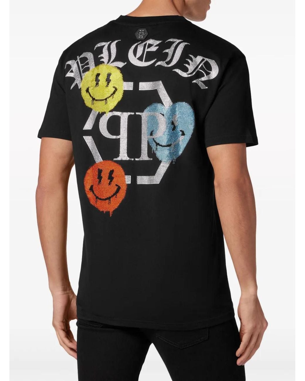 Philipp Plein Black Rhinestone-Logo Cotton T-Shirt for men