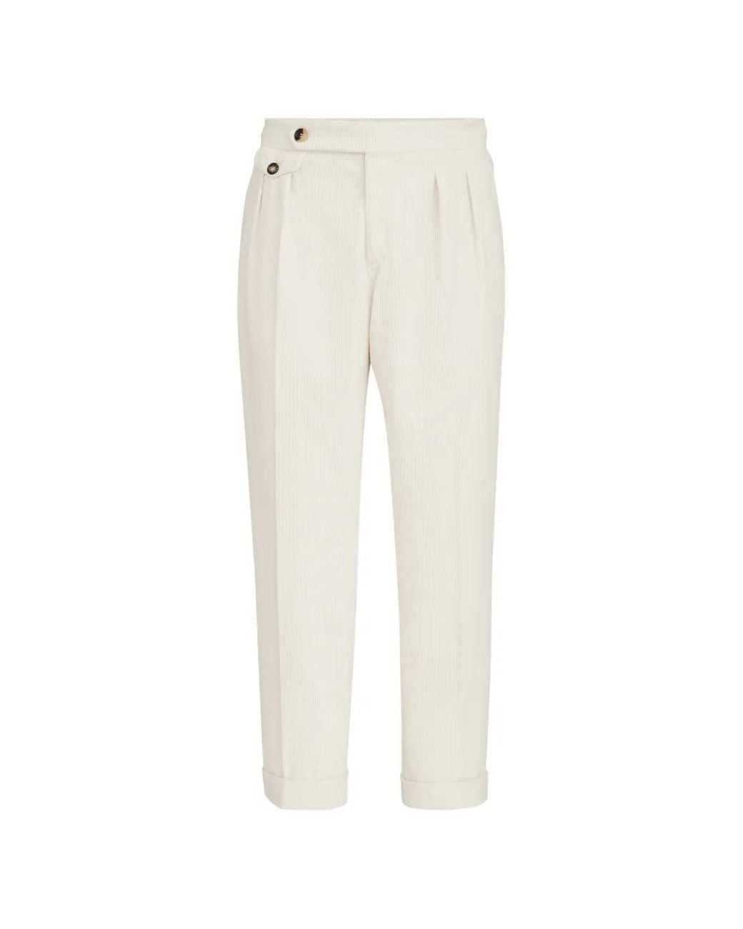 Brunello Cucinelli White Cotton Corduroy Trousers With Reversed Double Pleats And Waist Tabs for men