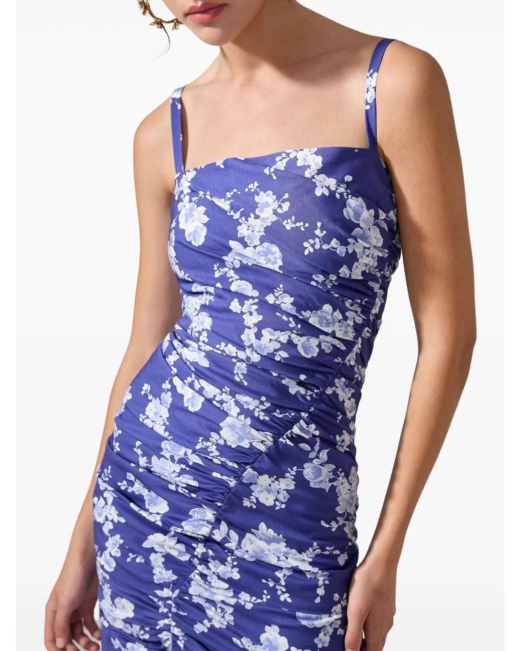 Carolina Herrera Blue Floral-Print Gathered Gown