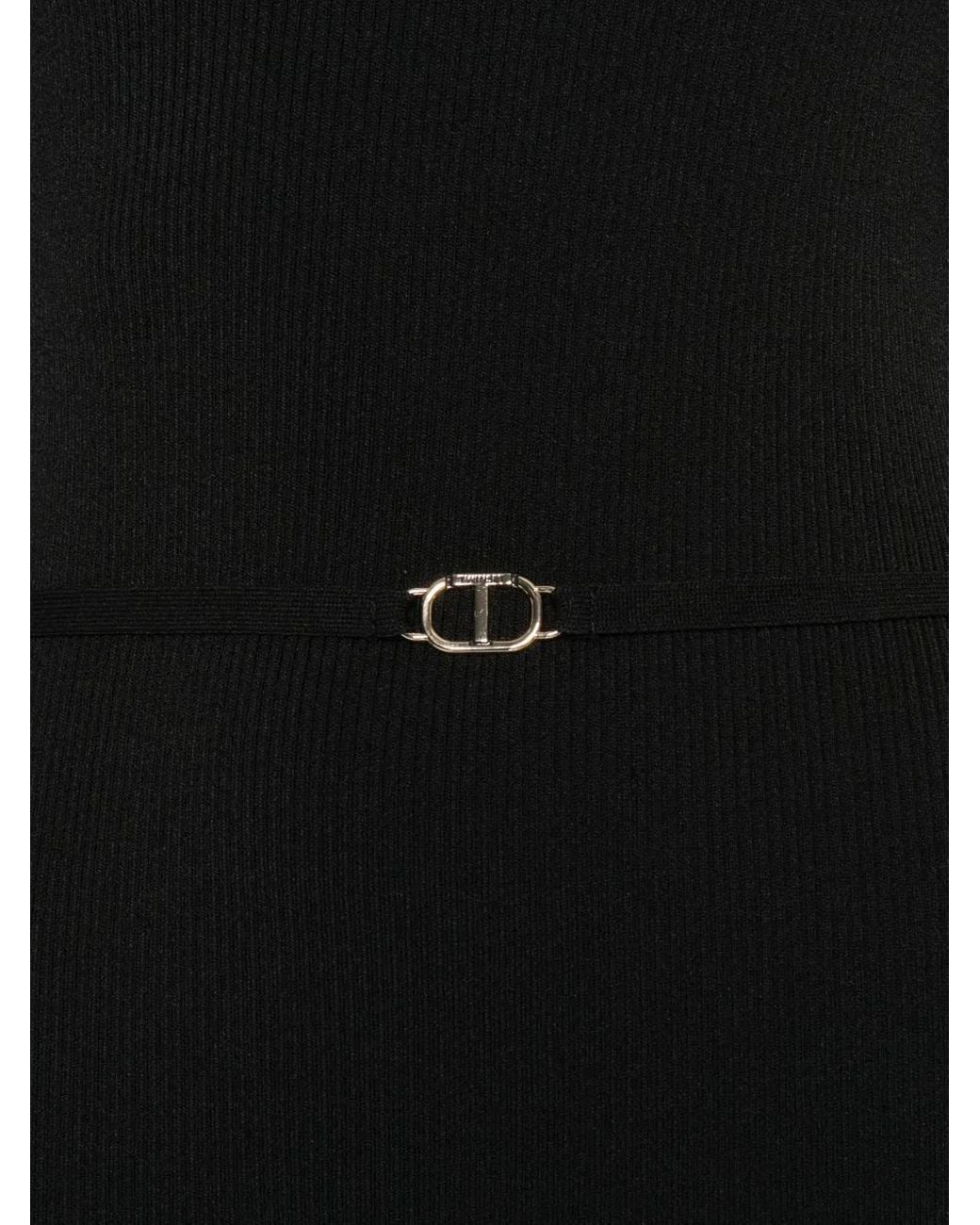 Twinset Black Ribbed Belt-Fastening Dress