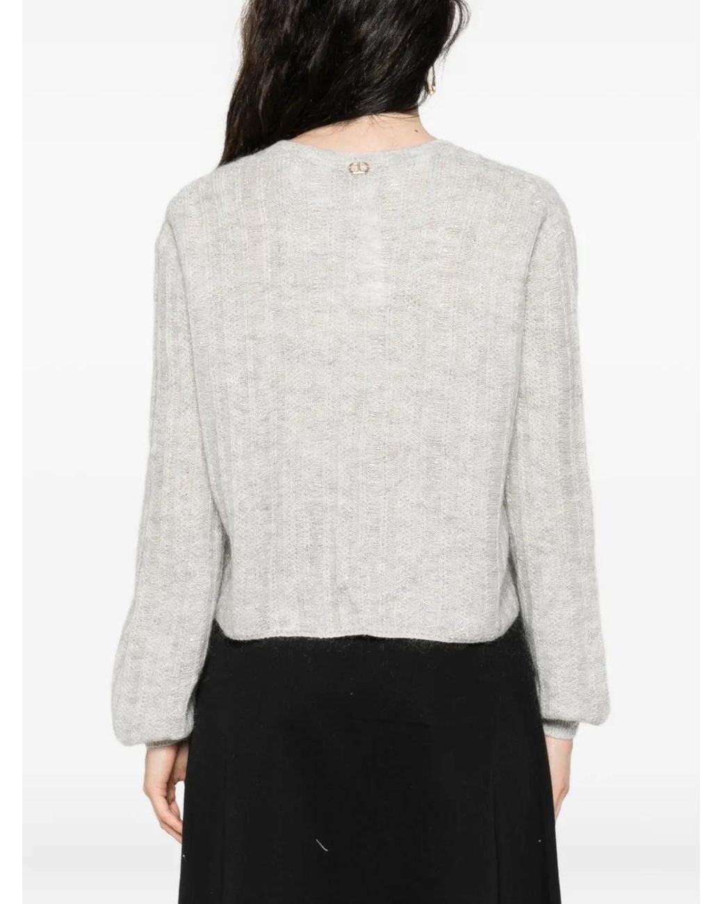 Twinset White V-Neck Balloon-Sleeve Sweater