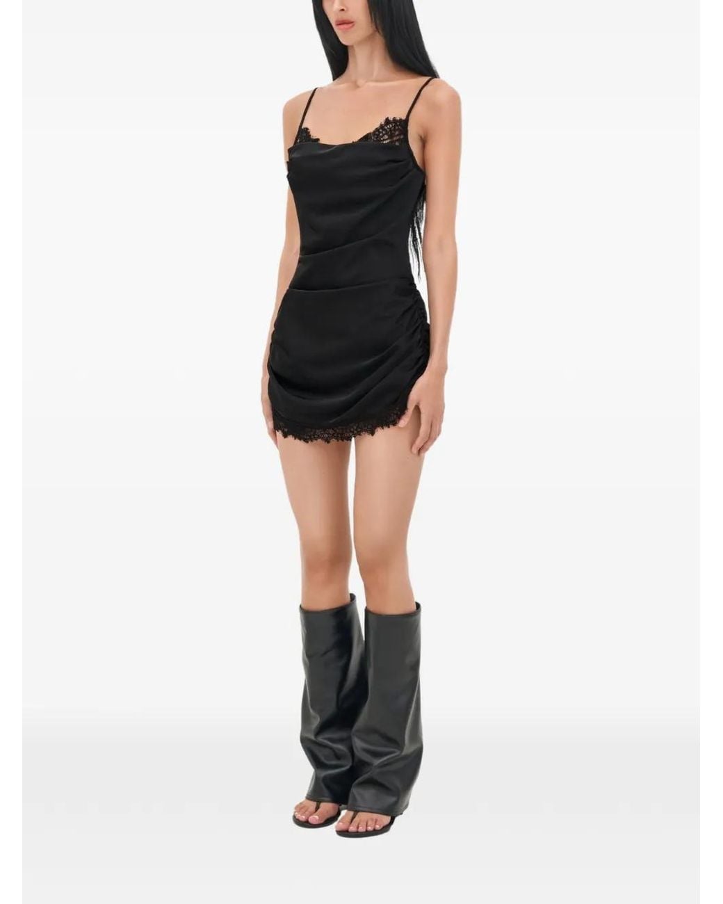 OW Collection Black Robe Courte Froncée À Finitions En Dentelle Rudy
