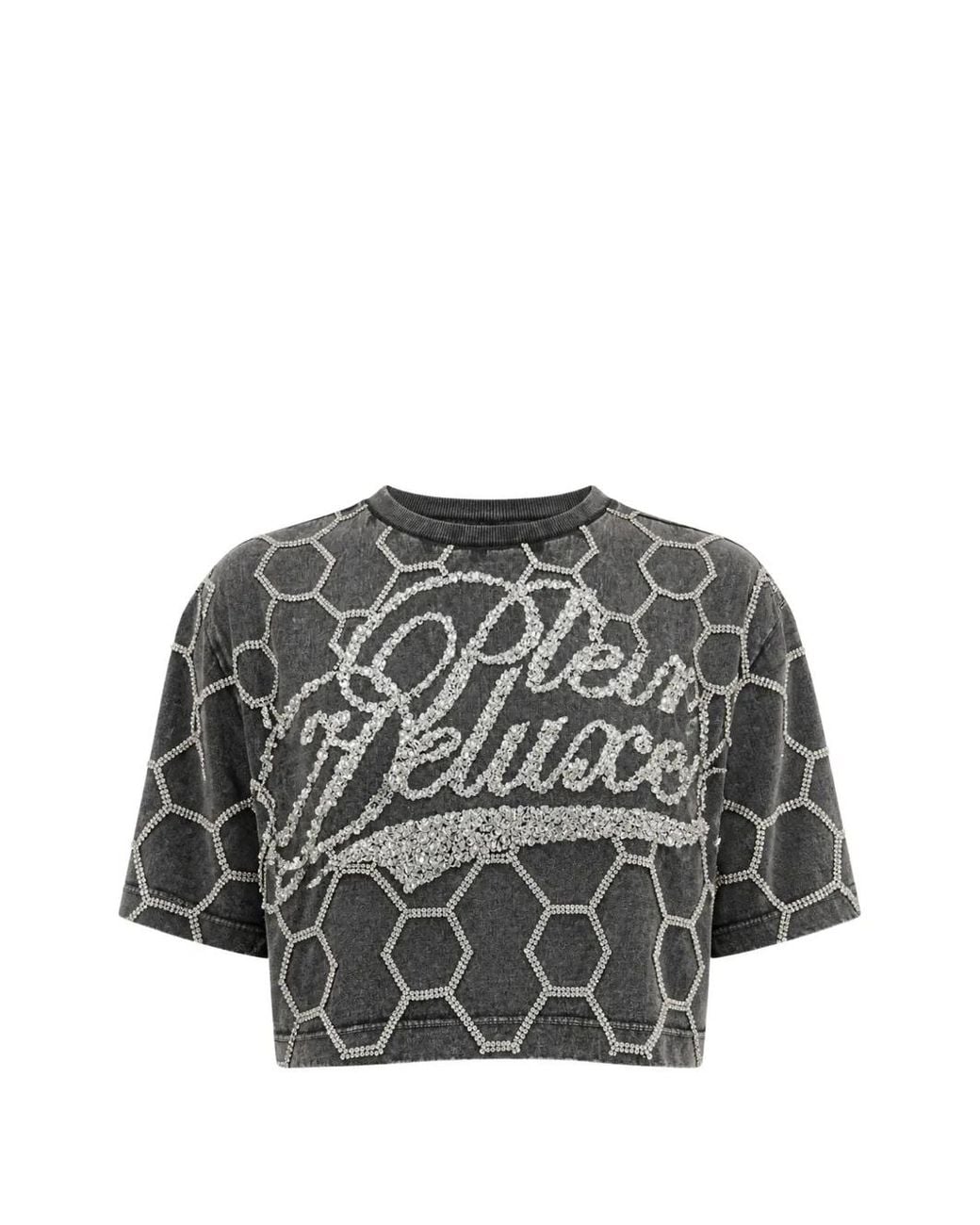 Philipp Plein Gray Cropped T-Shirt Plein Deluxe Crystal