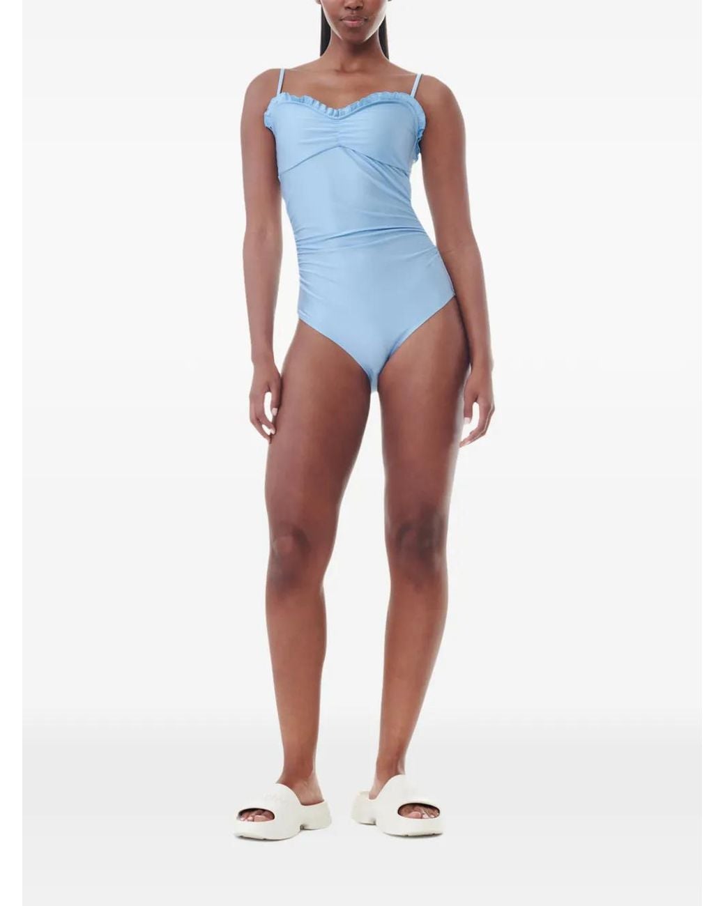 Ganni Blue Gathered Ruffled Swimsuit