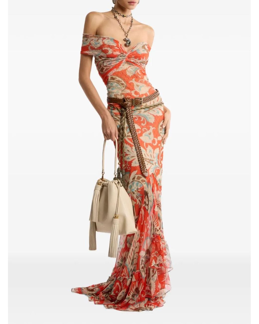 Etro White Long Tulle Dress With Open Shoulders And Floral Motif