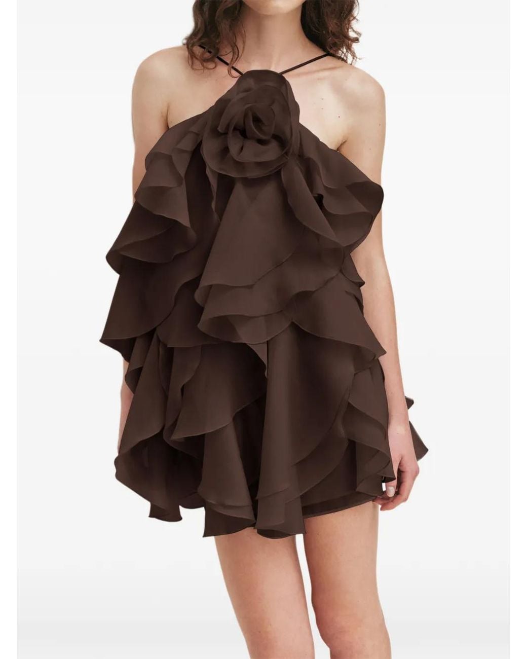 Aje. Brown Pandorea Ruffled Mini Dress