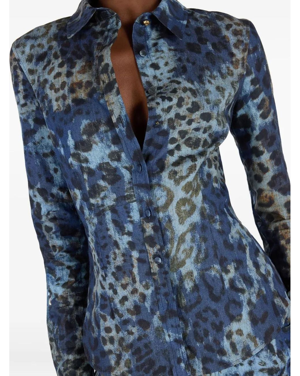 Roberto Cavalli Blue Leopard-Print Button-Up Shirt