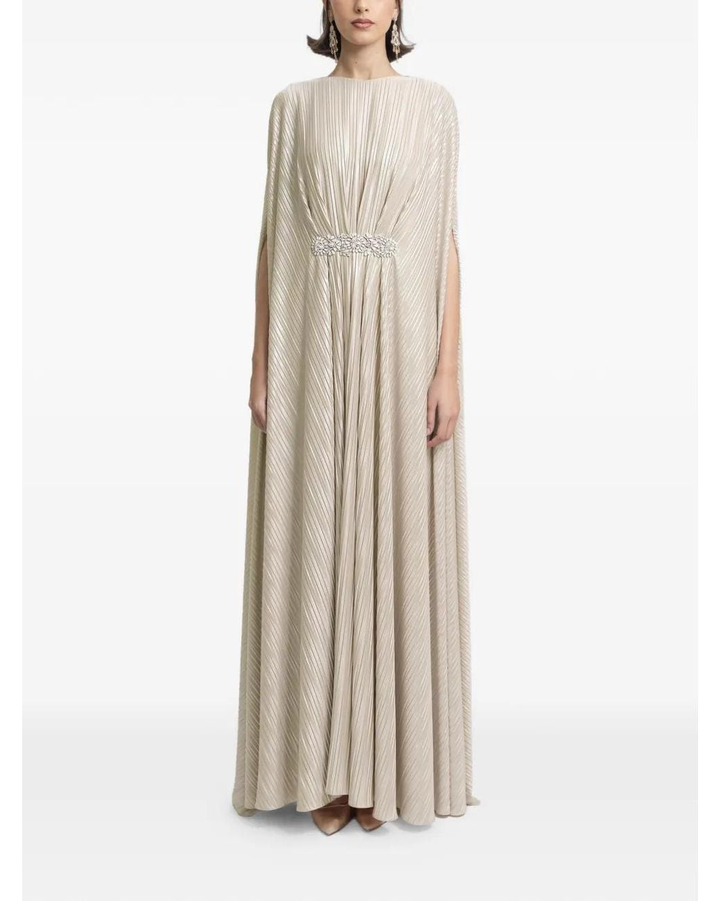 Gemy Maalouf Natural Draped Beaded Maxi Kaftan