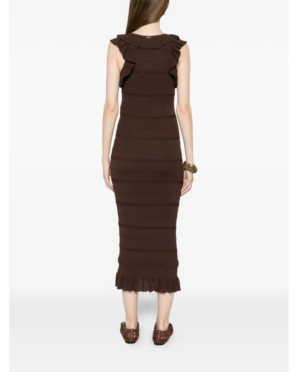 Twinset Brown Rib Knit Midi Dress With Ruffles