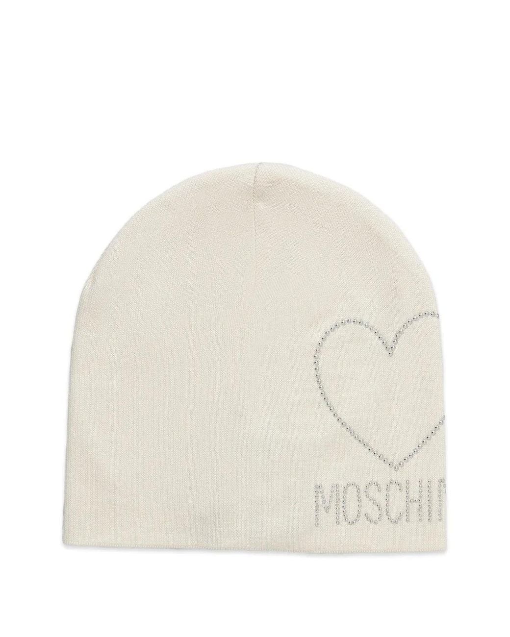 Moschino White Crystal-Embellished Heart Beanie Hat