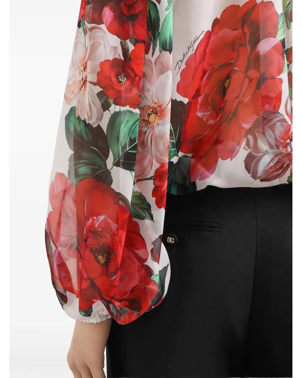 Dolce & Gabbana Red Chiffon Pussy-Bow Blouse With Rose Print