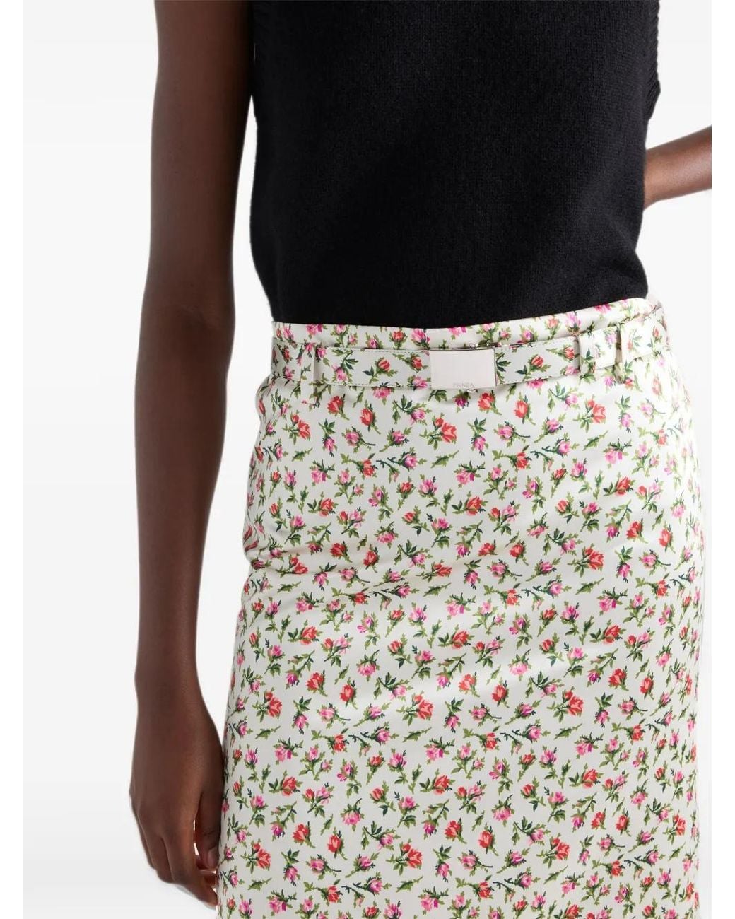 Prada White Printed Silk Duchesse Midi Skirt