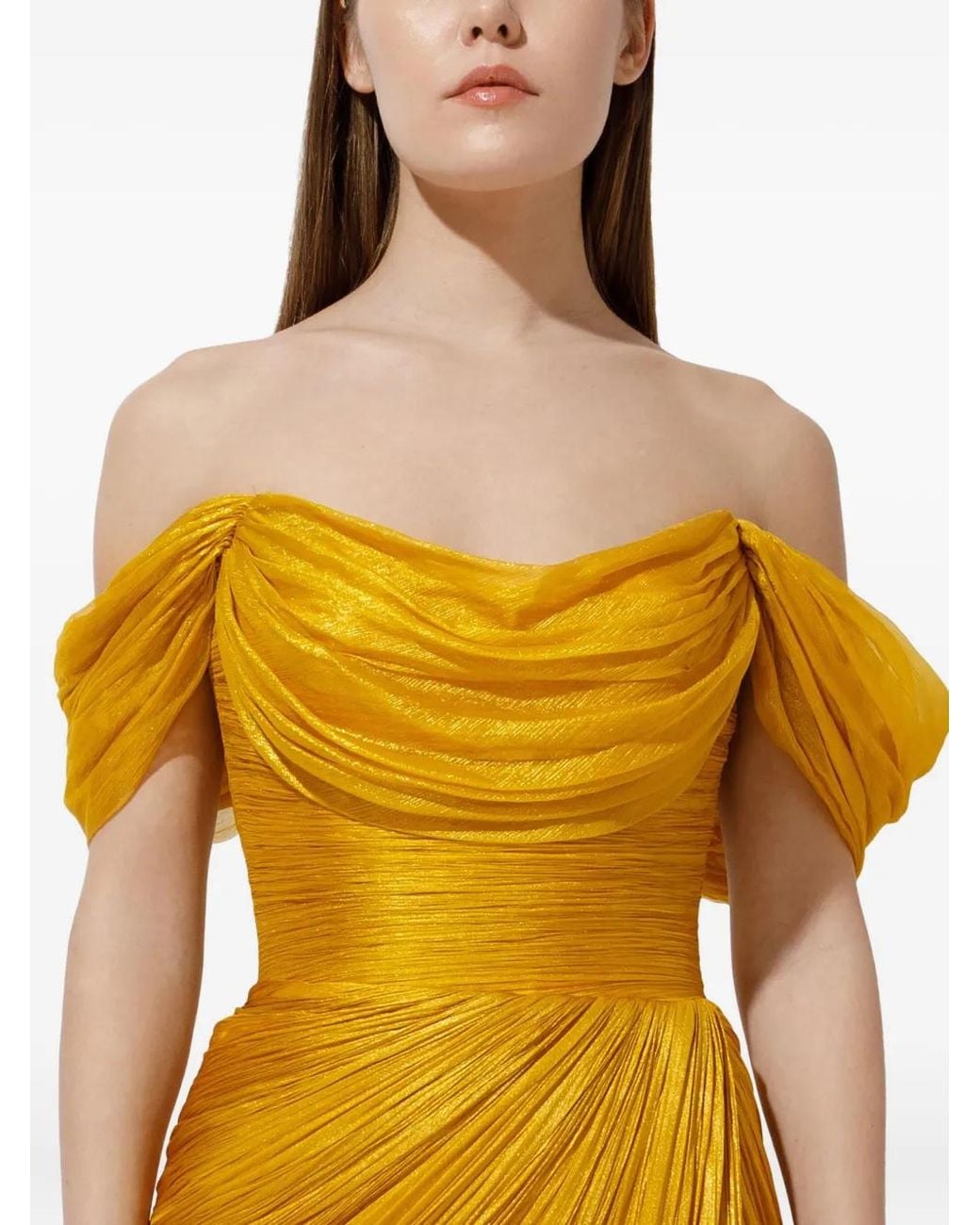 IRIS SERBAN Yellow Pleated Off-Shoulder Dress