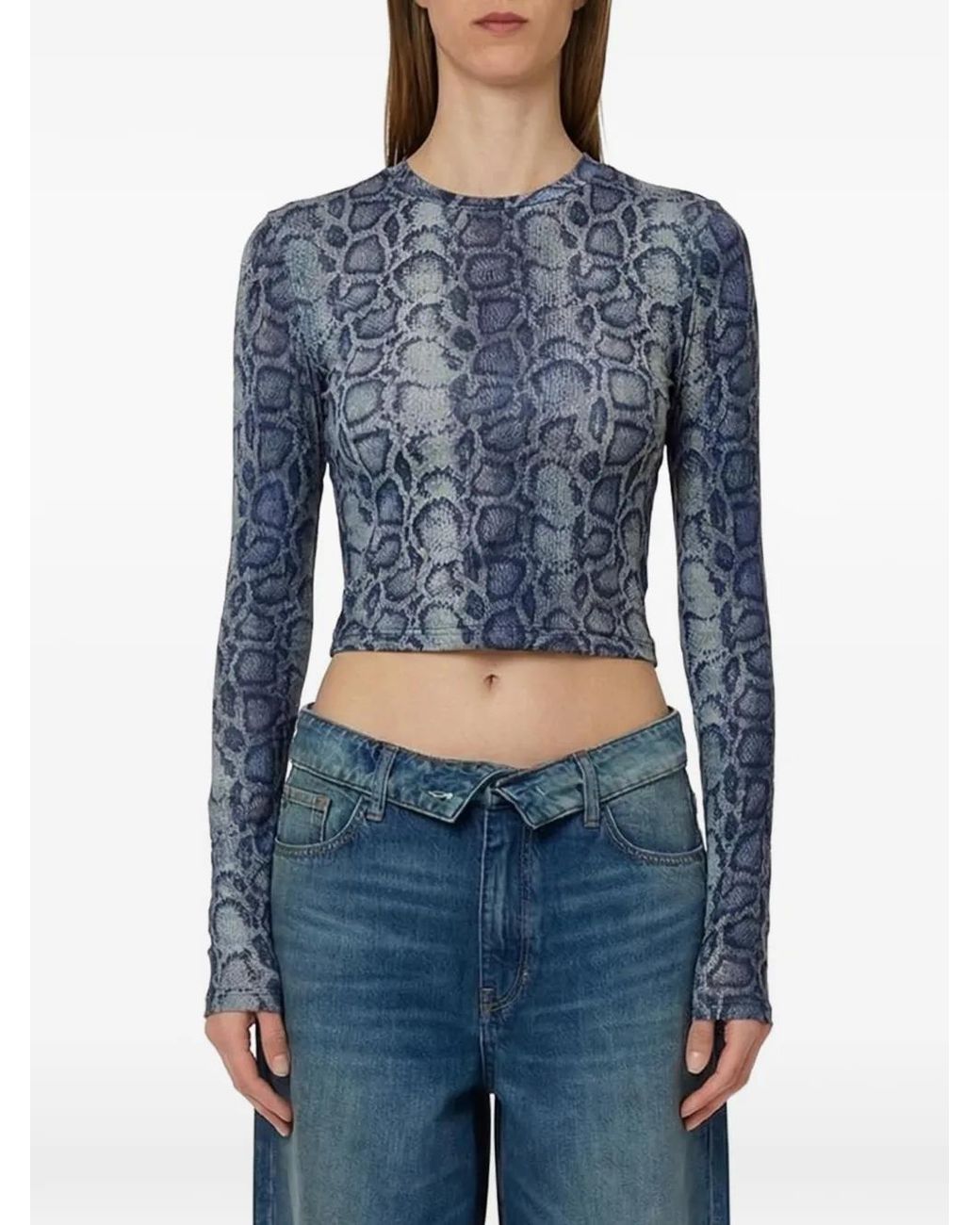 Liu Jo Blue Crop-Top Denim-Effect Python-Print