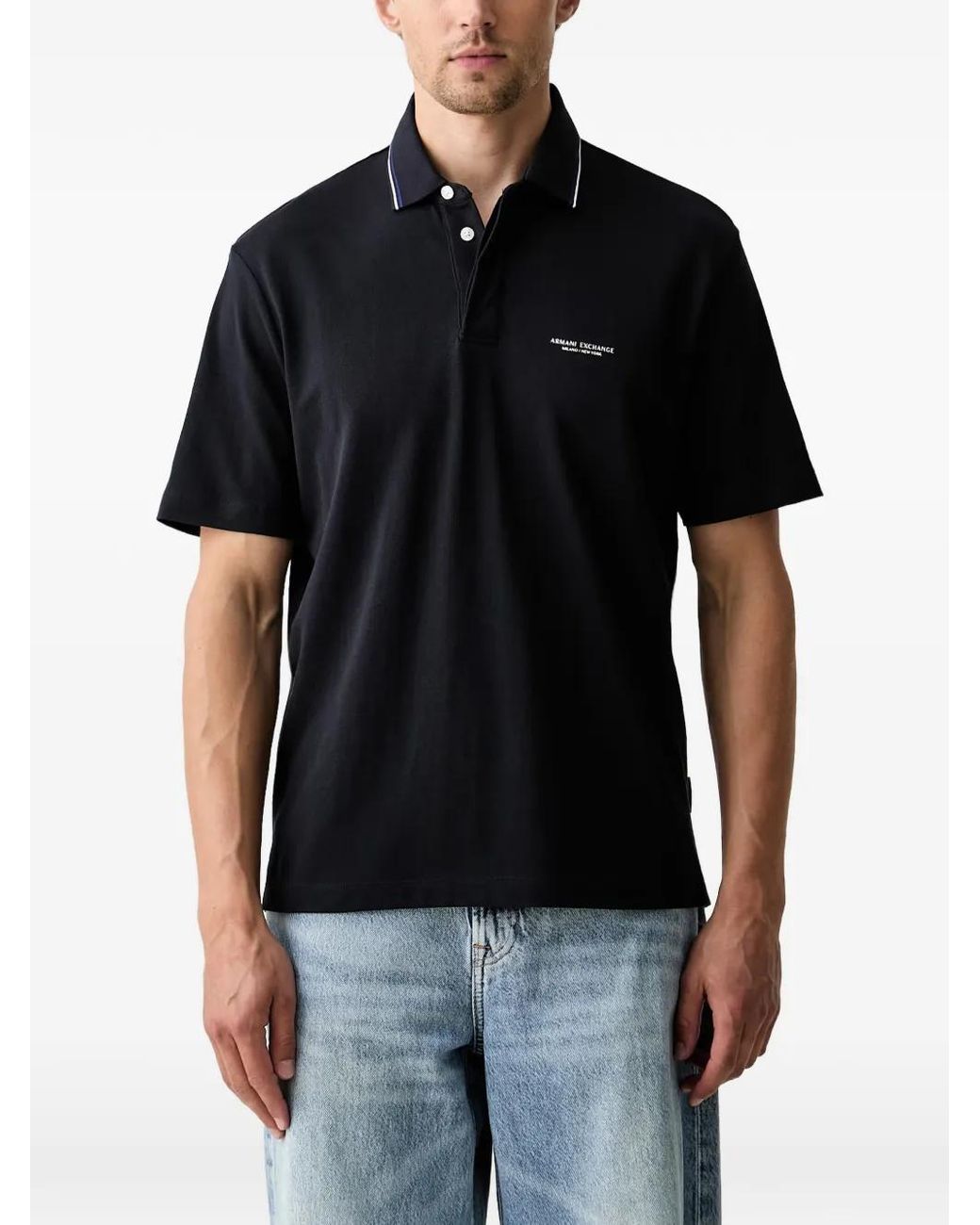 ARMANI EXCHANGE Black Logo-Print Tipped Polo Shirt for men