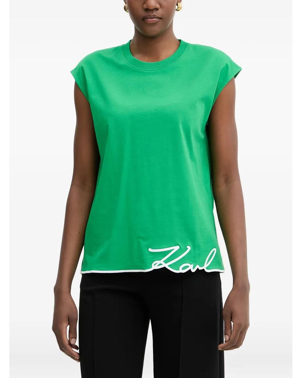 Karl Lagerfeld Green T-Shirt Sans Manches À Logo Brodé