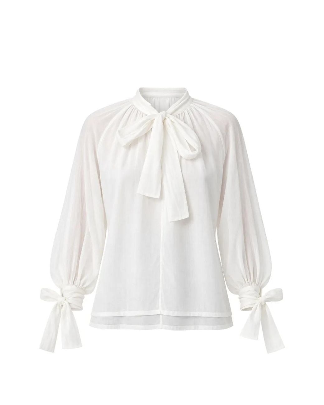 Tela White Pussy-Bow Tie-Cuff Blouse