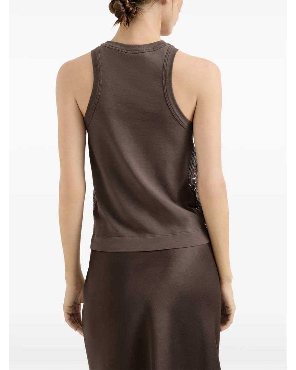 Brunello Cucinelli Brown Top "Dazzling Check Embroidery"