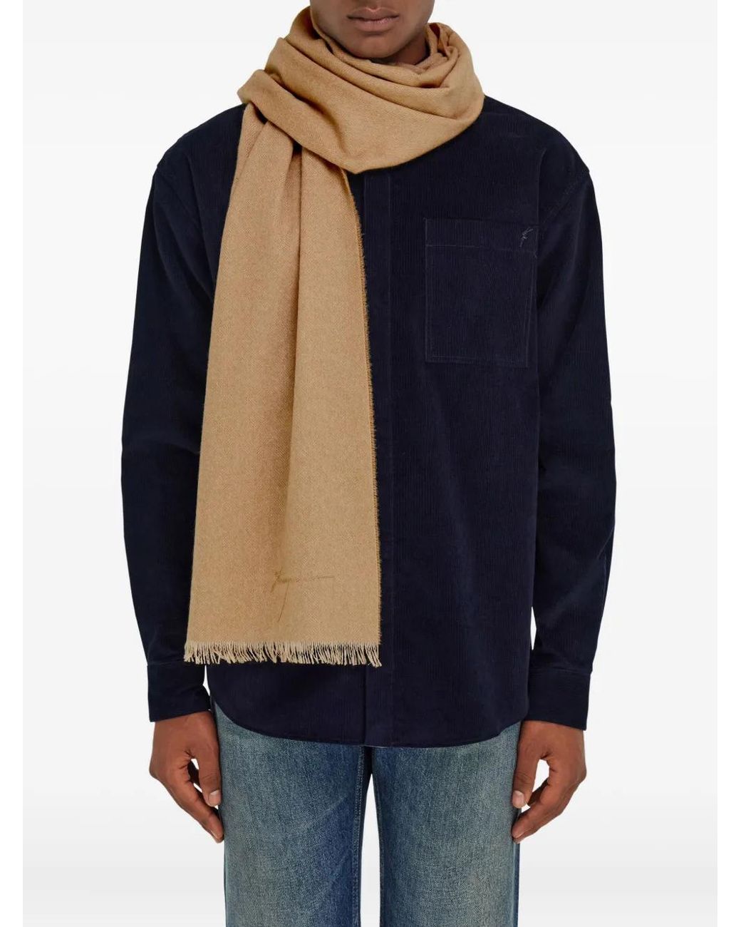 Ferragamo Natural Chevron-Pattern Fringed Scarf for men