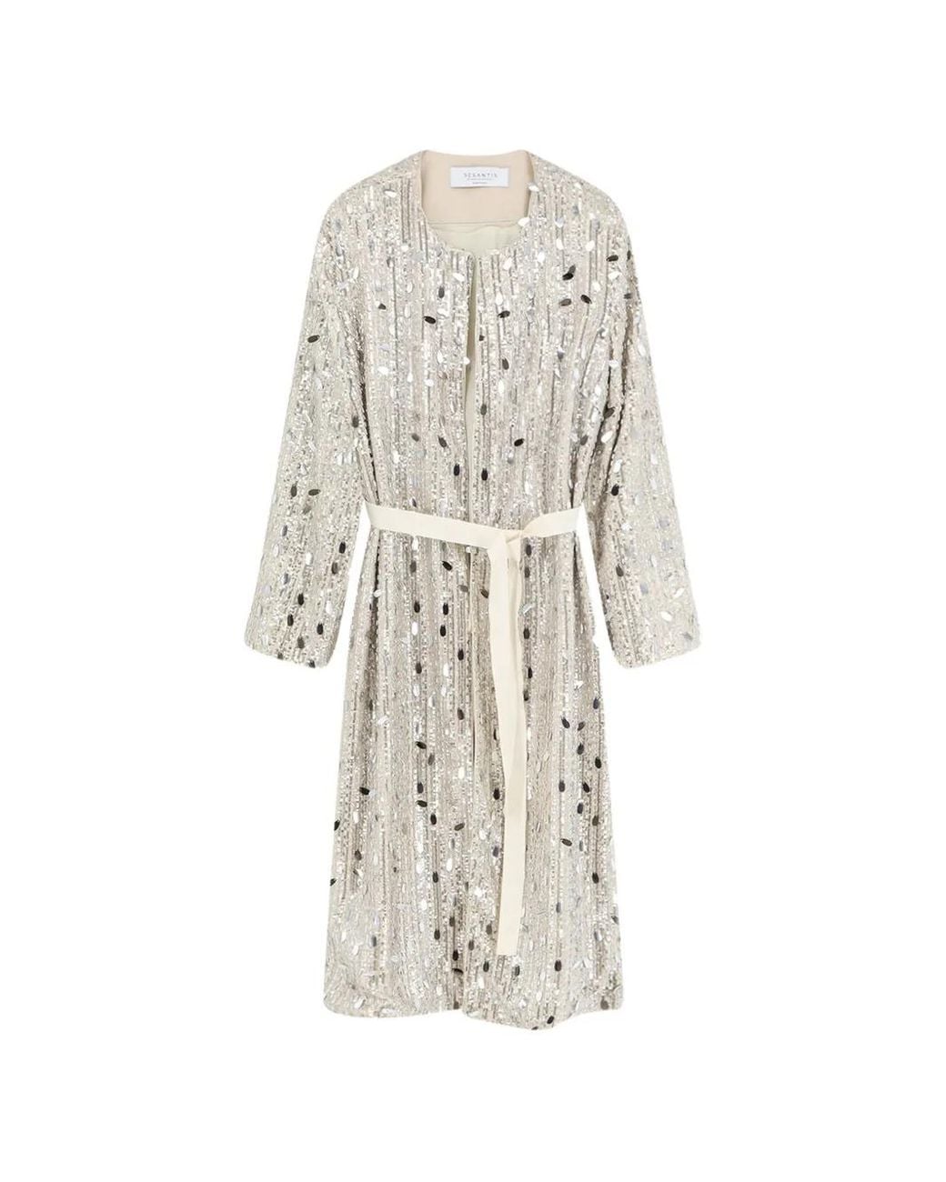 DE SANTIS White Sequin-Embellished Belted Coat