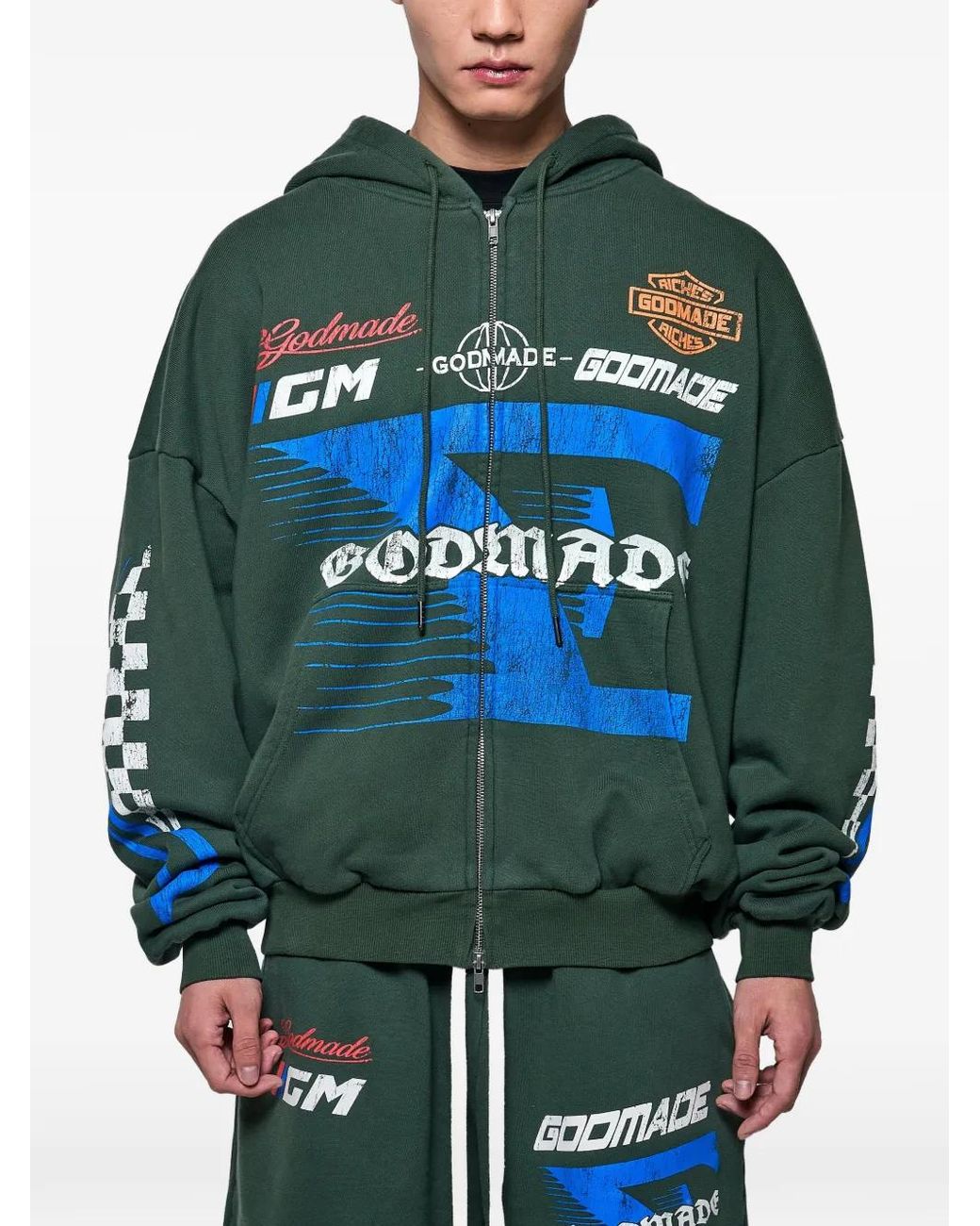 GODMADE Green 7 Speed Logo-Print Zip-Up Hoodie for men