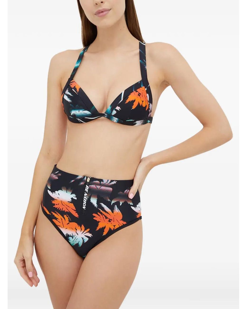 P.E Nation Black Palm-Print Bikini Top