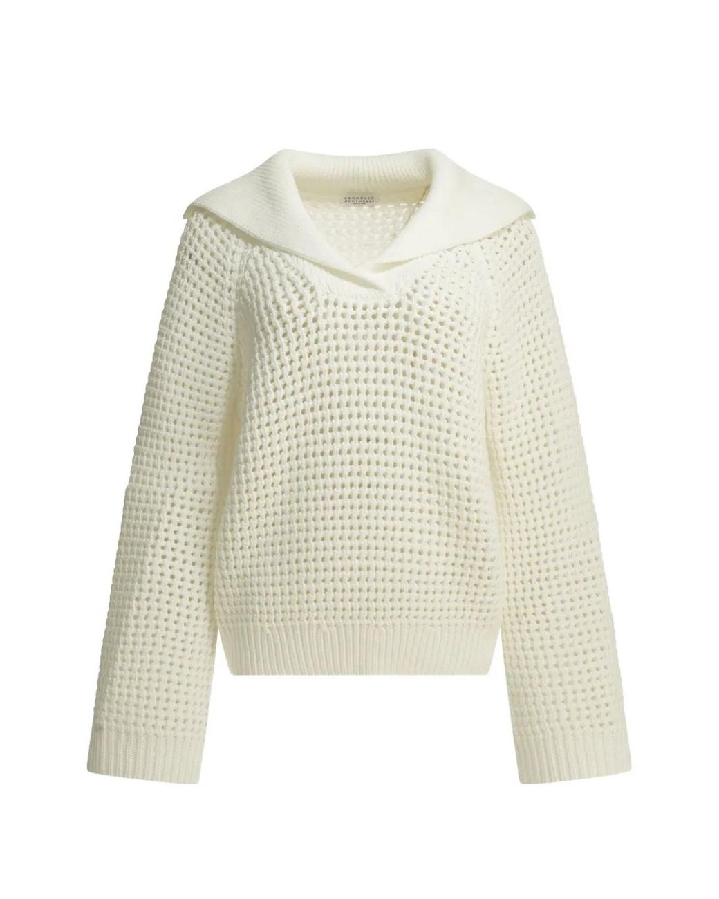 Brunello Cucinelli White Open-Knit Sailor-Collar Sweater