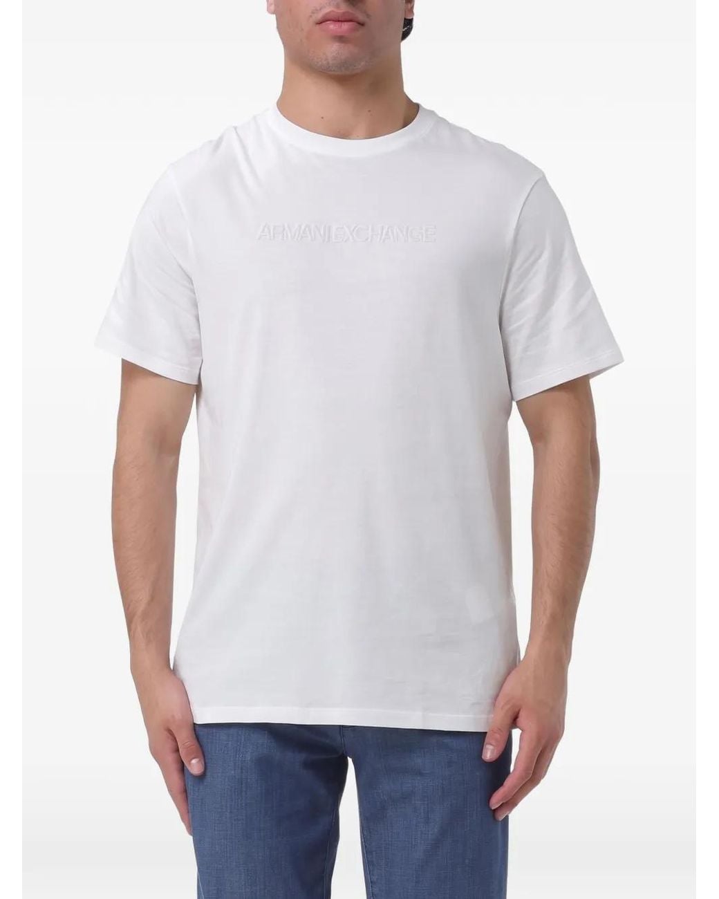 ARMANI EXCHANGE White Logo-Embroidered Cotton T-Shirt for men